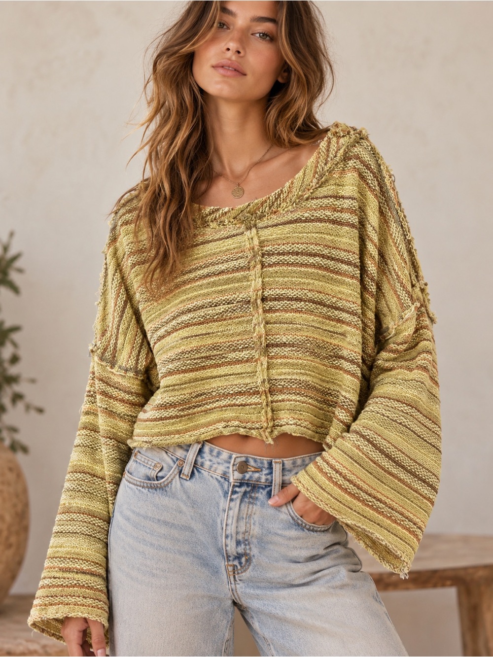 Free People Striped Knit Sweater Small Boho Cropped Bell Sleeve Distressed